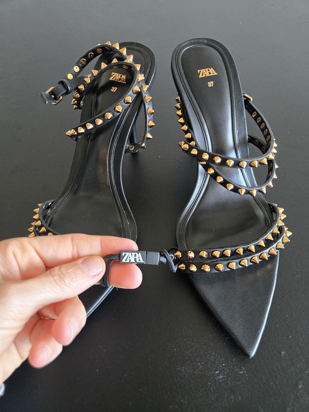 ZARA Black Gold Studded Pointed Toe Strappy Heeled Sandals Sz 37 - Picture 7 of 10